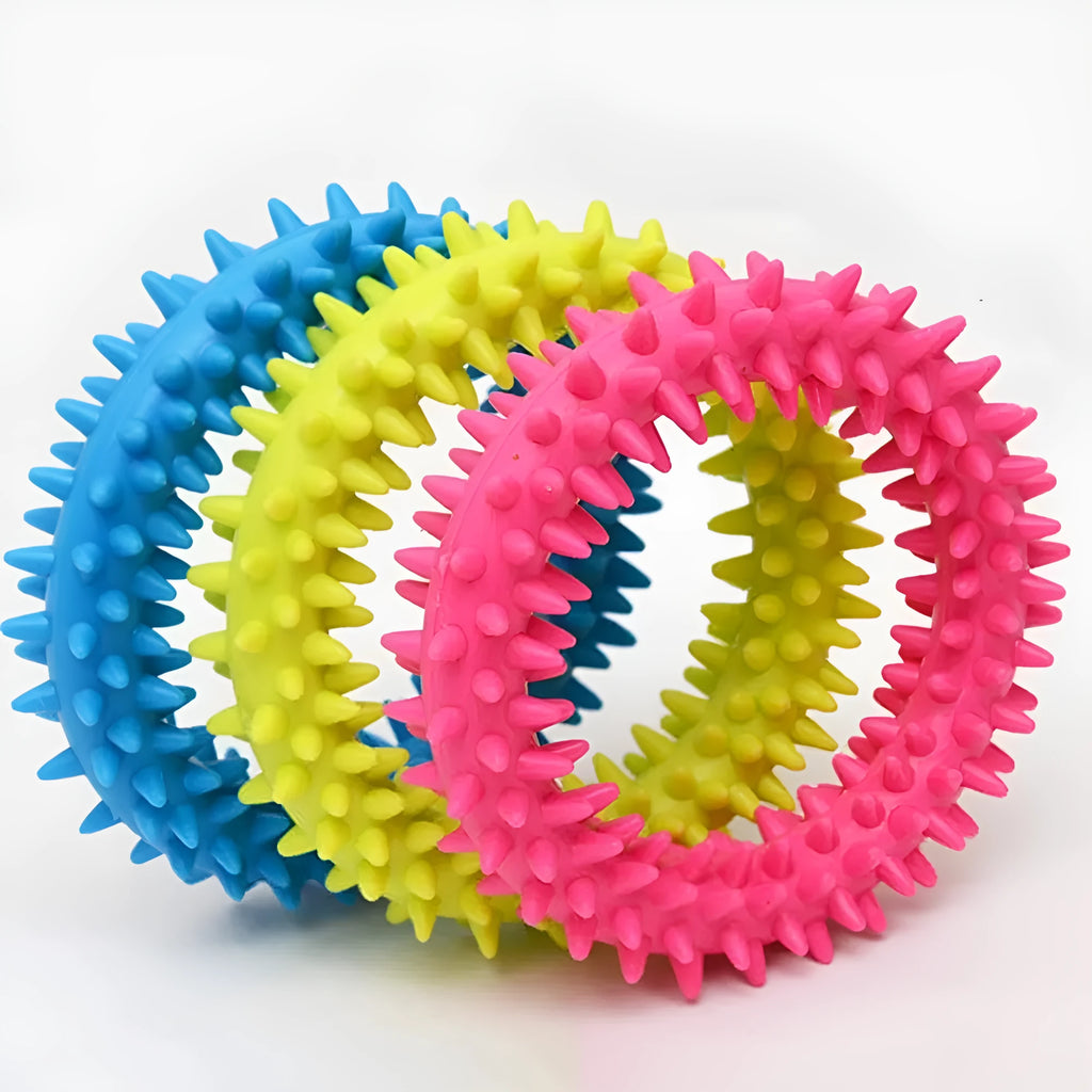 Blue TPR spiky circle dog chew toy for dental cleaning on a white background.