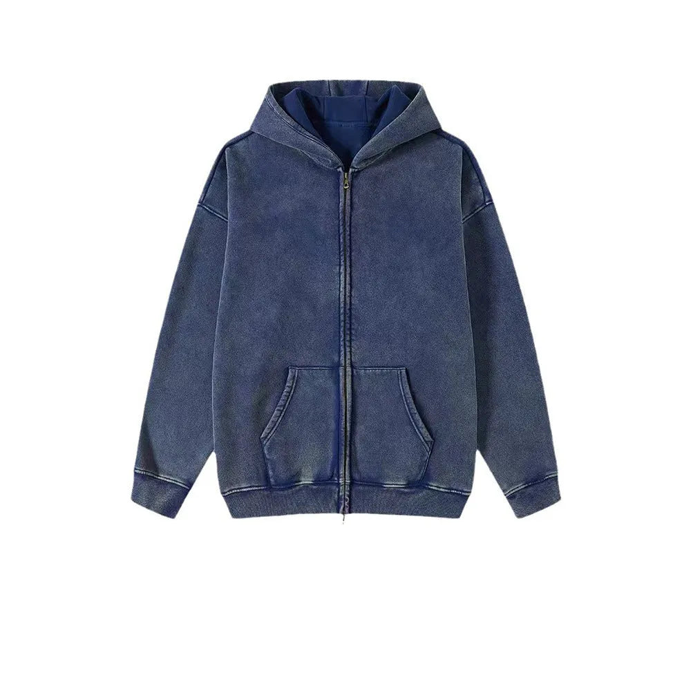 Men's vintage-style hooded cardigan sweater with a double zipper and fleece lining in a washed dark green colour.