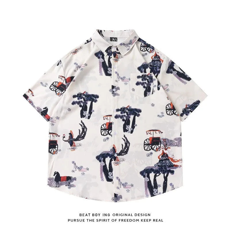 Men's loose fit short sleeve shirt with a full floral print in a choice of colours