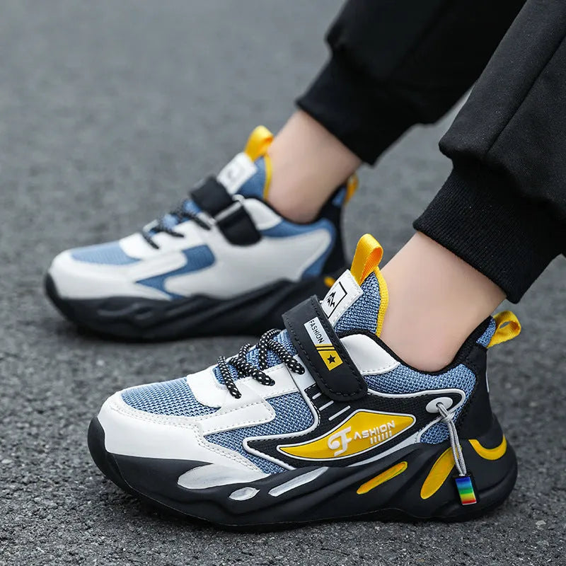 Boys' dark blue PU mesh sports running shoes with non-slip MD soles and Velcro fastening