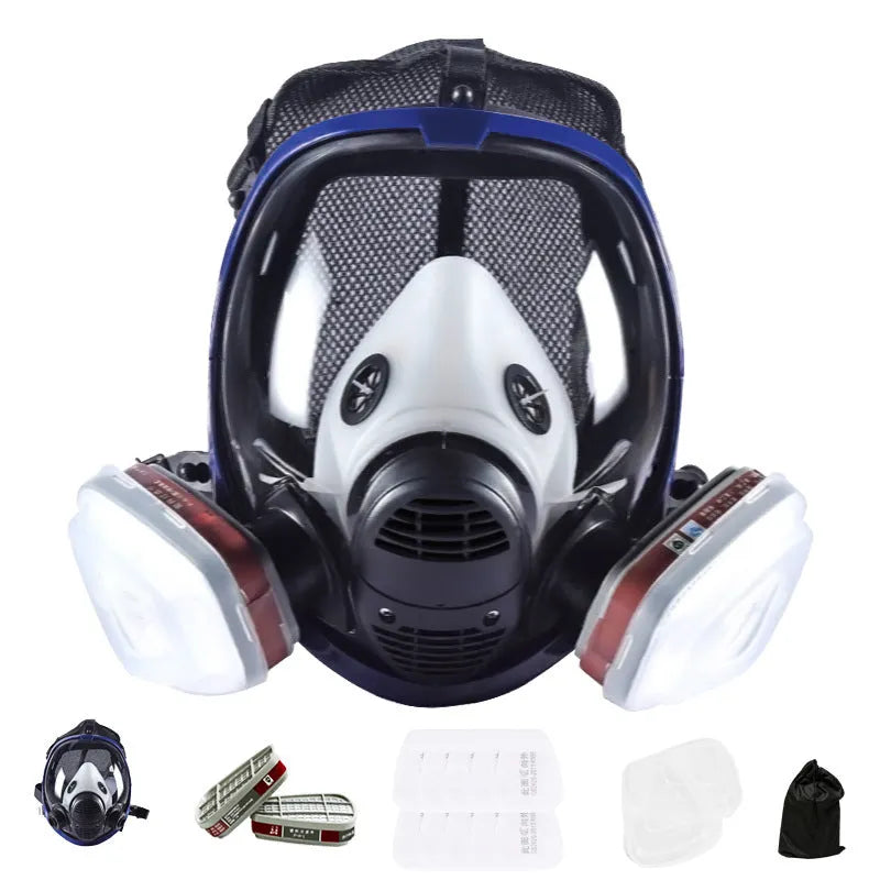 Gas mask with activated carbon canister and spherical silicone facepiece showing trapezoidal filter design