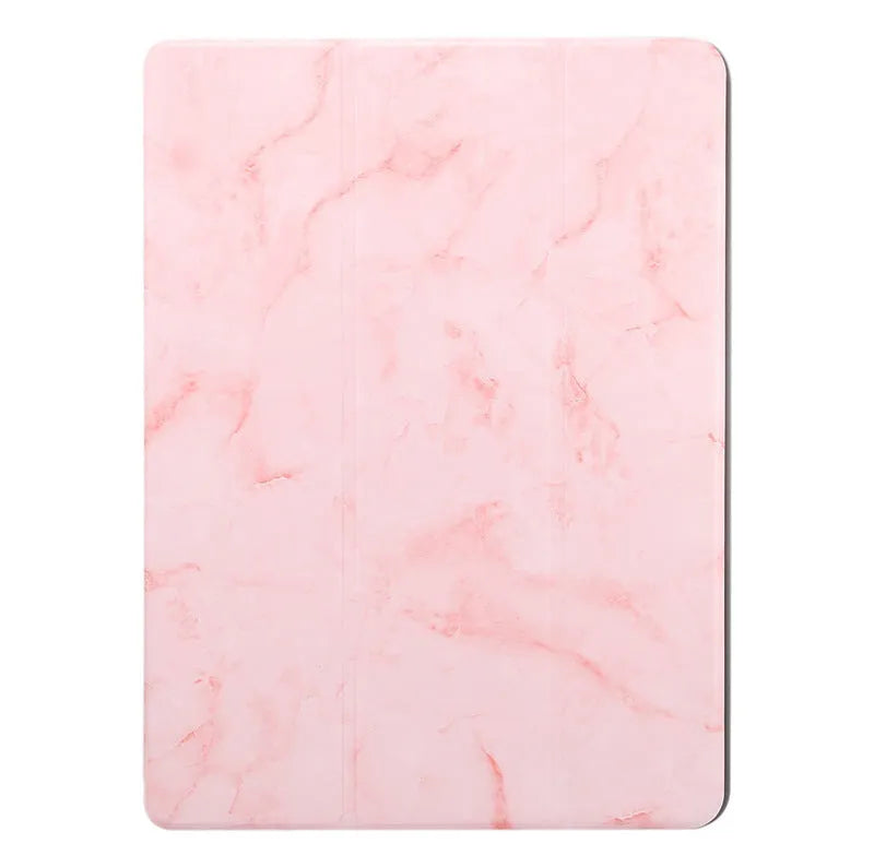 Tri-fold marbling imitation leather iPad case with a stylus pen slot in dark grey