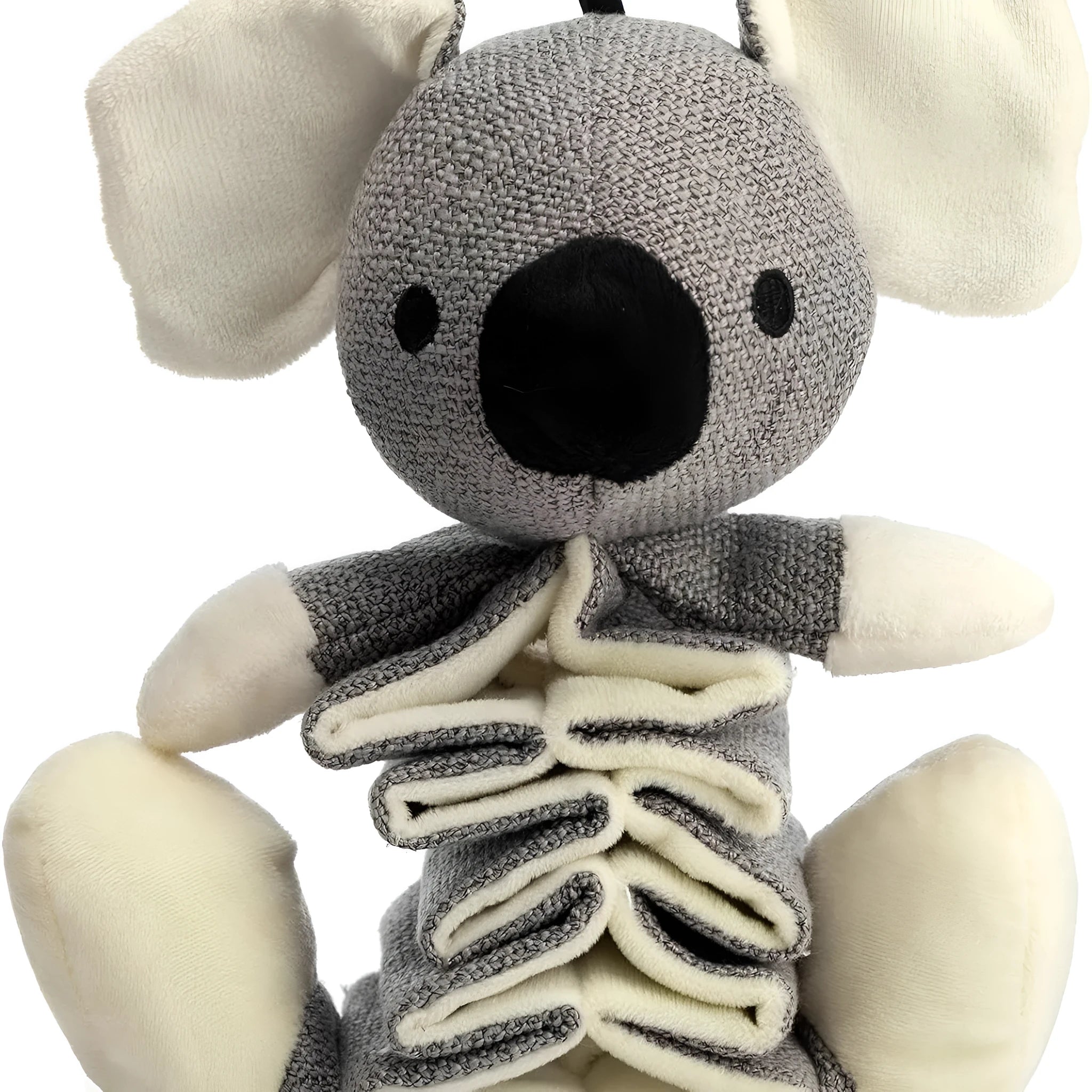 Grey koala plush dog chew toy measuring 30cm tall with internal crinkle paper.