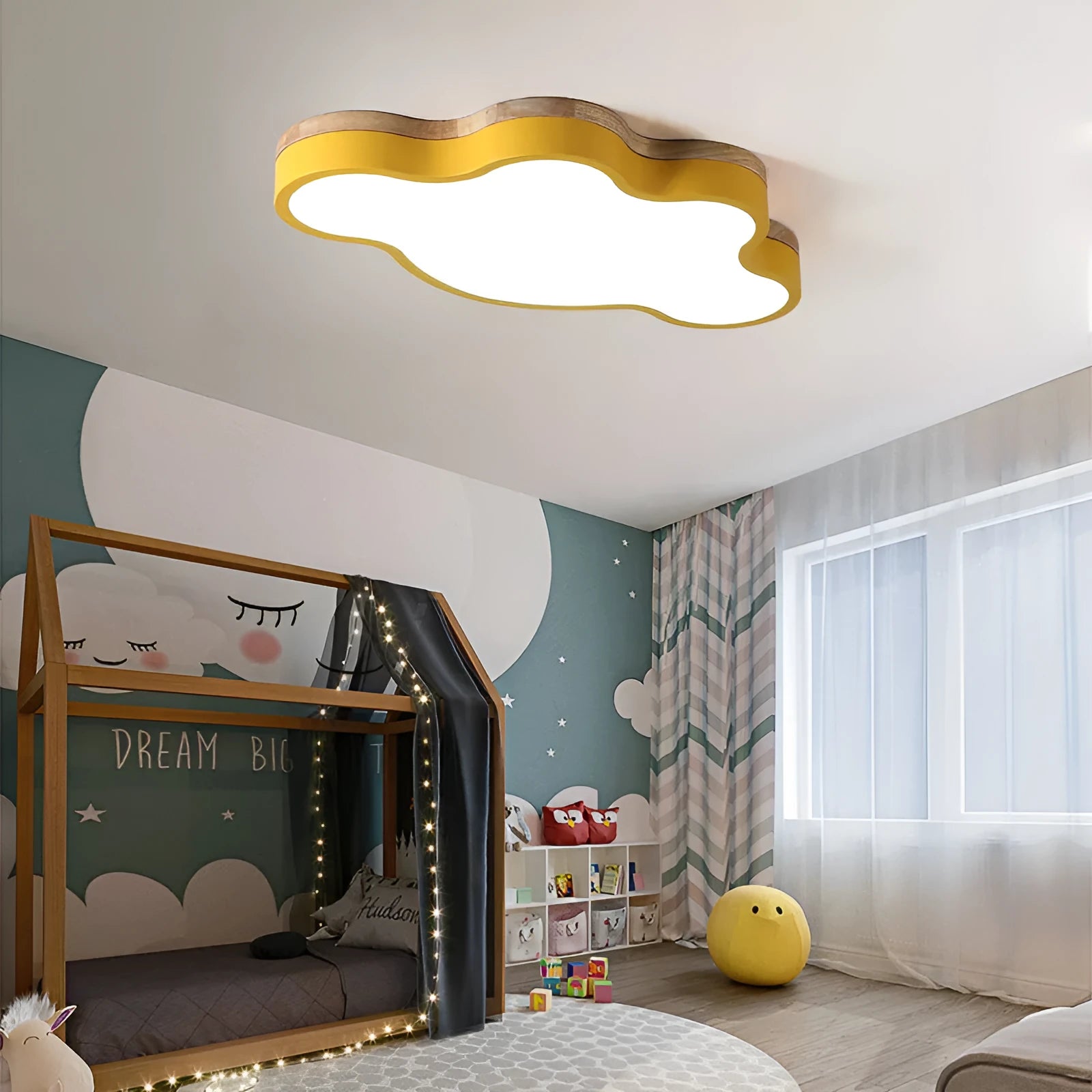 Cloud shaped LED ceiling lamp with wood effect frame in choice of colours and sizes