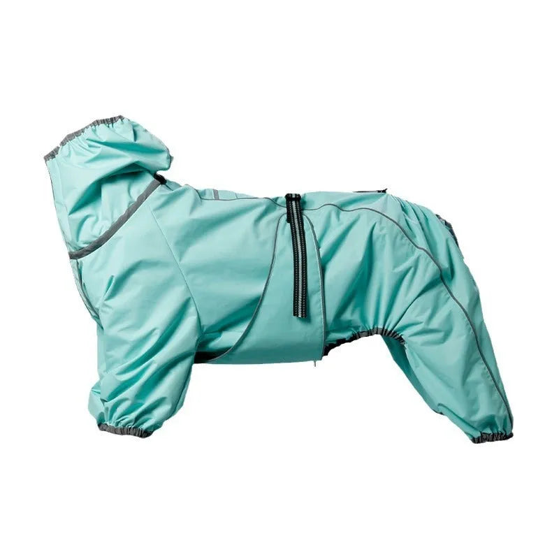Dog wearing a padded polyester dog jacket in a sports-style design, available in multiple colours and sizes from M to XXXXL
