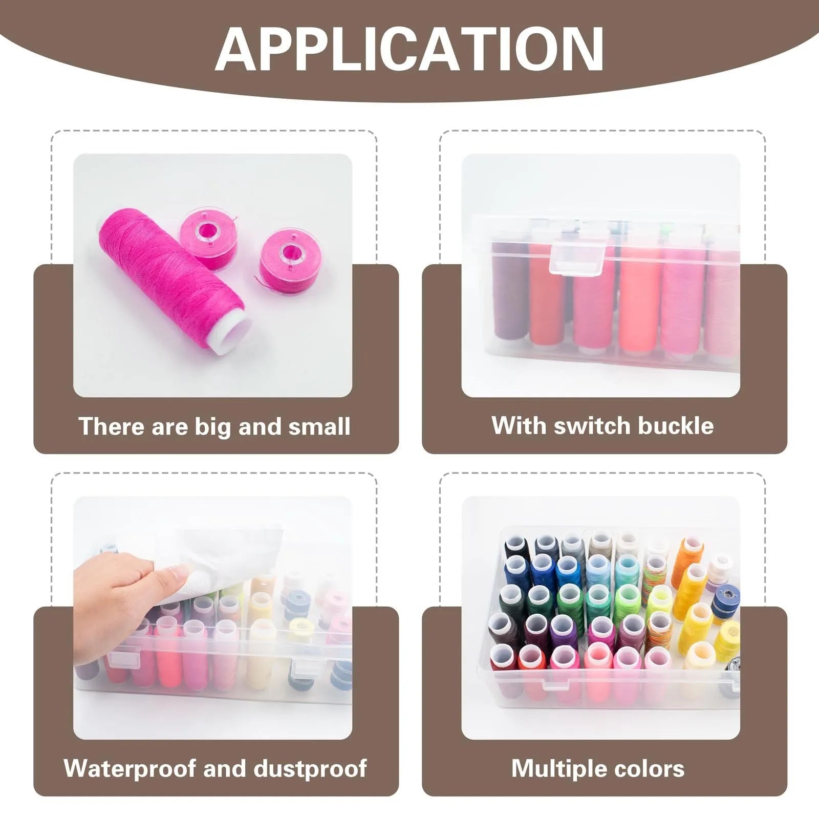 Transparent plastic storage box with 42 small compartments for organising sewing threads and embroidery floss.