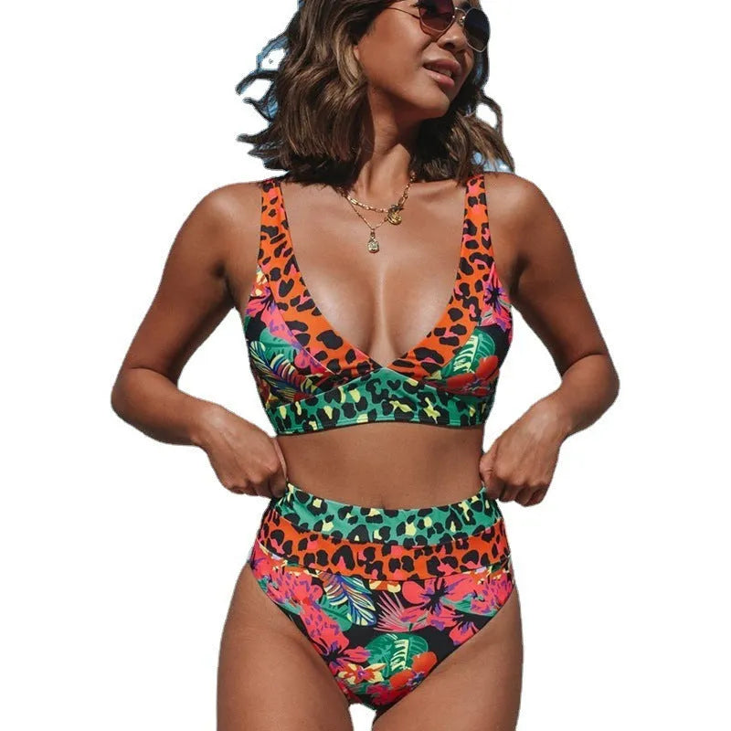 Women's floral print high-waist bikini swimsuit set on a white background.