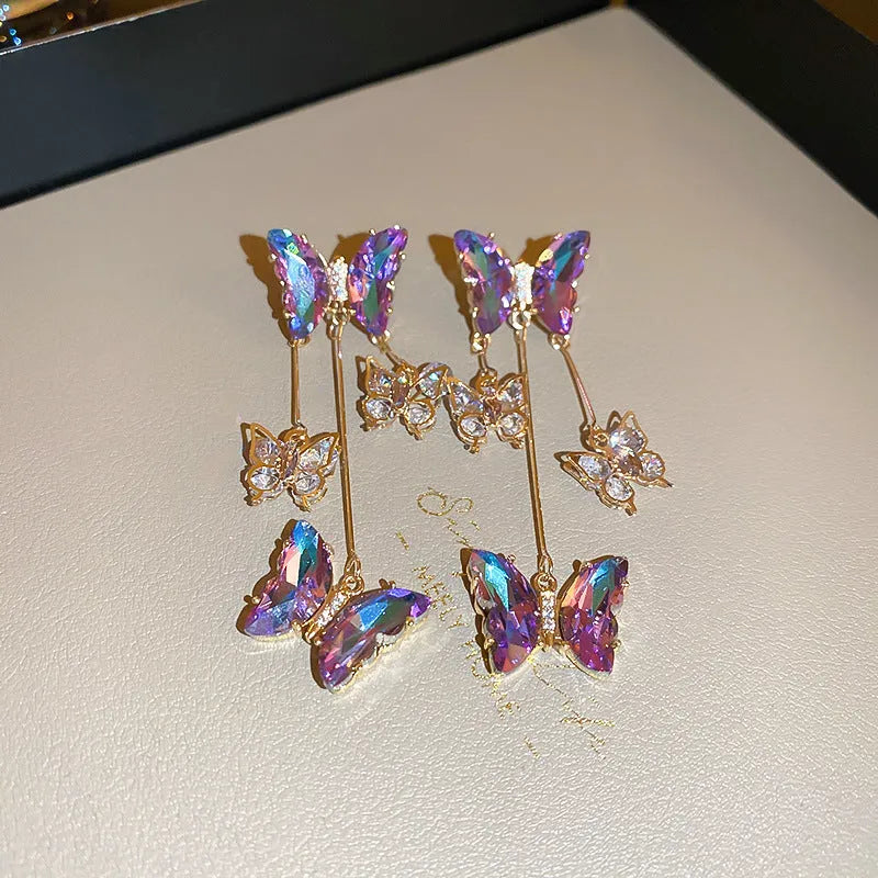 Silver needle crystal flowers butterfly tassel earrings in 33# silver needle-blue purple butterfly colour