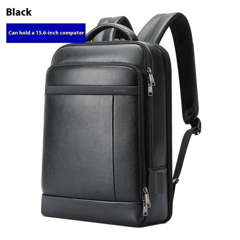 Black genuine cowhide leather business backpack with USB interface and curved shoulder straps