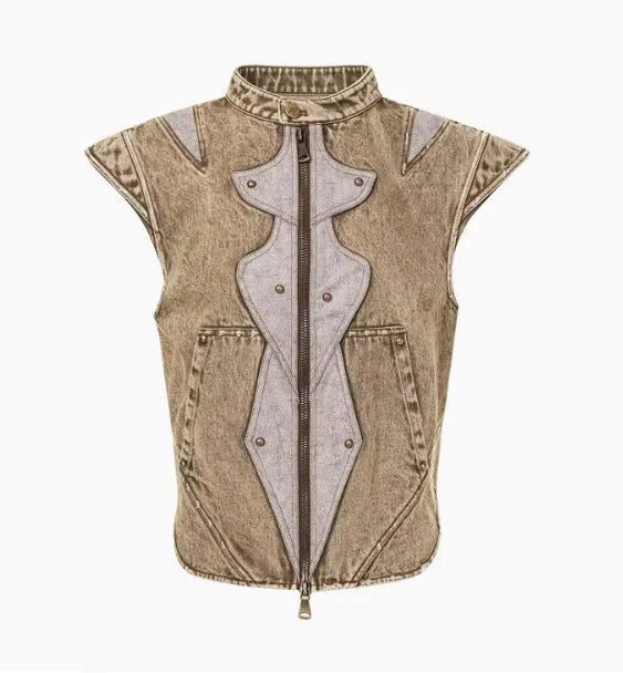 Summer Dark Knight pleated denim vest in cotton fabric, water-wash finish, shown in picture colour