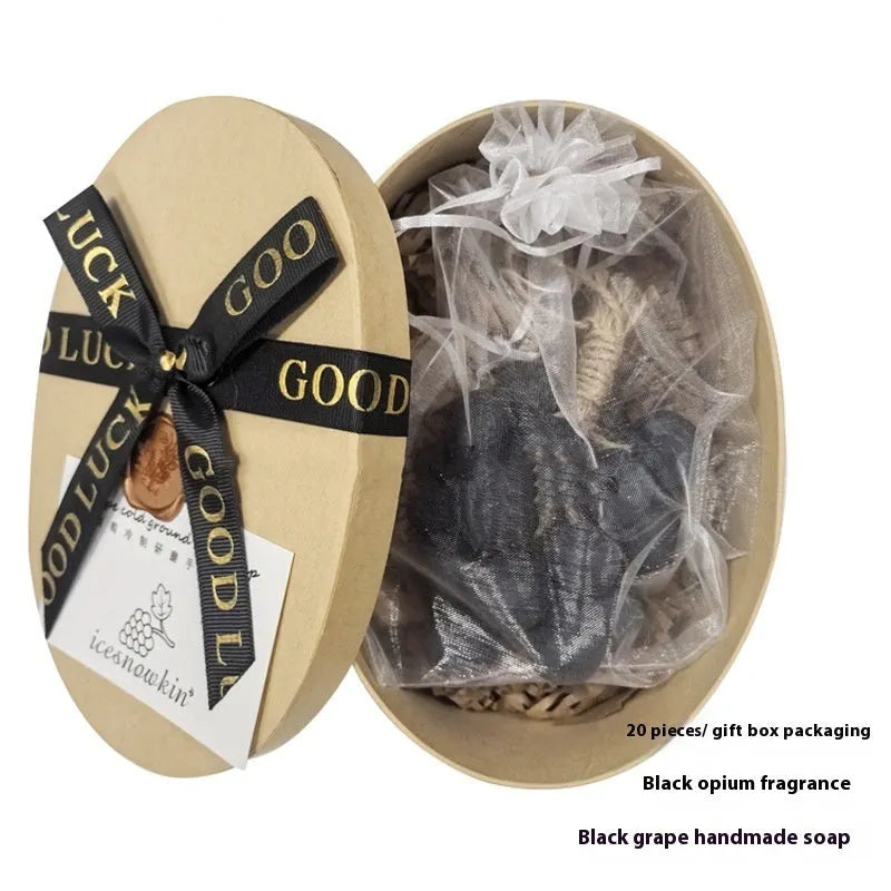 Handmade grape and litchi cleansing soap bars, 120g each, in gift box and mesh bag bulk packaging.