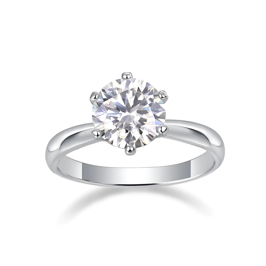 Classic six-prong moissanite wedding ring with platinum-plated S925 silver, 1-5 carat options, ring sizes 5-9