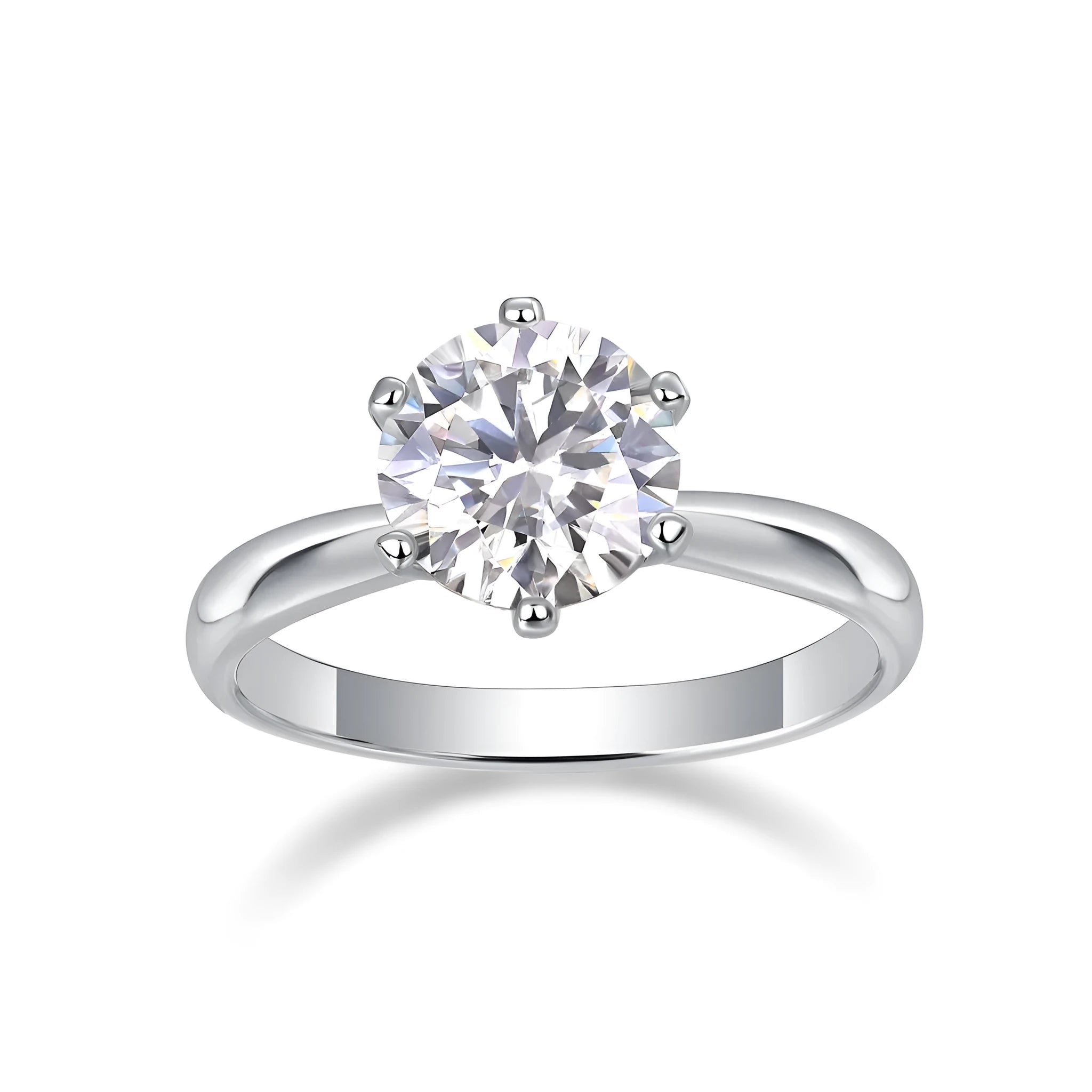 Classic six-prong moissanite wedding ring with platinum-plated S925 silver, 1-5 carat options, ring sizes 5-9