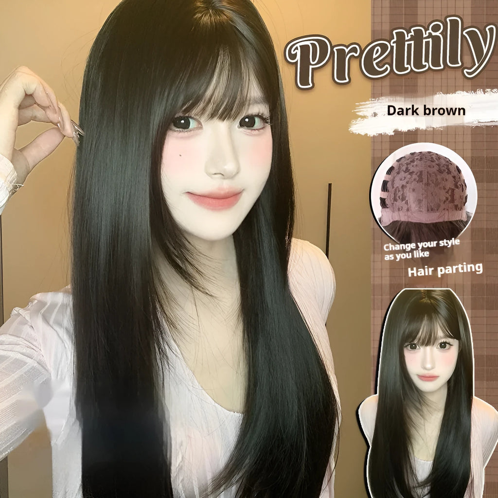 Dark brown women's wig with long straight hair and bangs for round face shapes