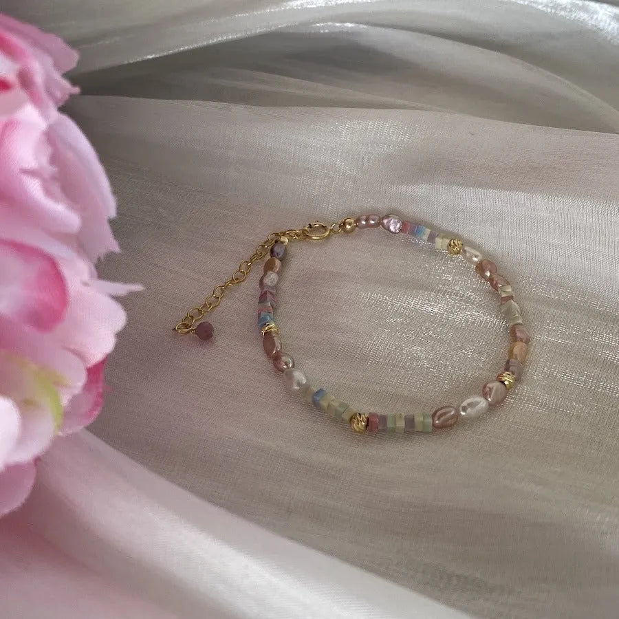 Women's 14K gold gilded natural pearl mini bracelet with irregular silver pieces and matching necklace