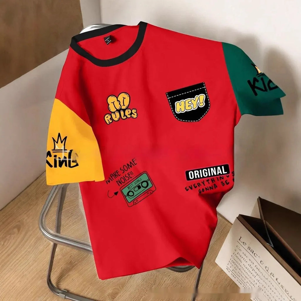 Printed loose fit short sleeve t-shirt with digital letter pattern on polyester fabric