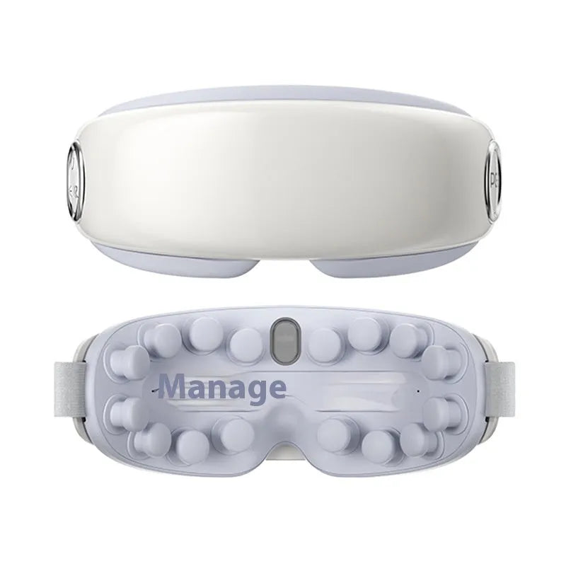Rechargeable Bluetooth eye hot compress and massage mask in purplish grey, shown with data cable.