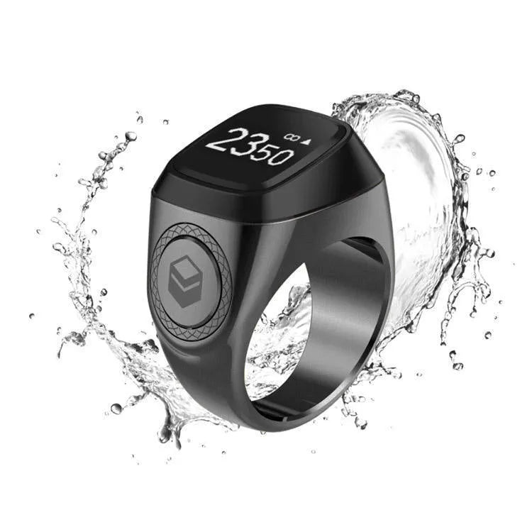 Zikr1 smart Islamic prayer counter ring with OLED display showing time and count, available in black, green, rose gold, and silver colours
