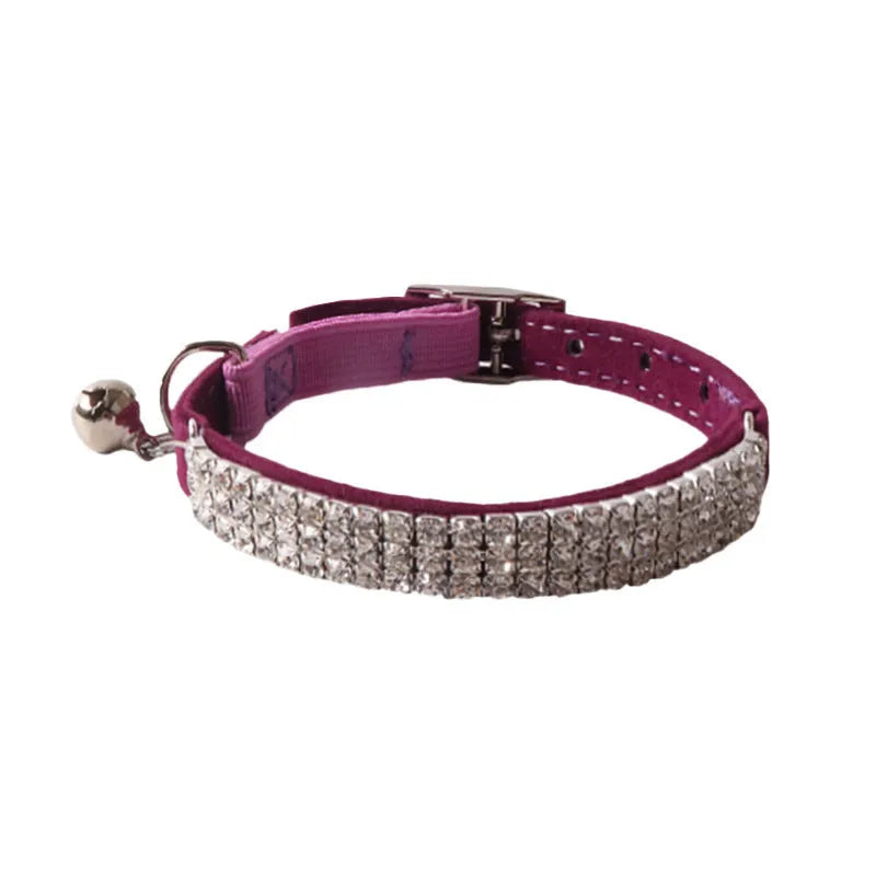 Colourful flocked cat collar with elastic buckle in pink, black, red, blue, purple, and dark brown options.