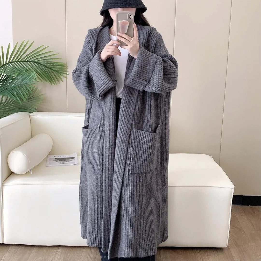 Loose-fit women's hooded cardigan coat in acrylic, shown in milky white colour