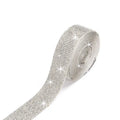 Self-adhesive glass water drill strip on fabric in white and AB colour, showing 0.9cm, 1.7cm, and 2.6cm width options.