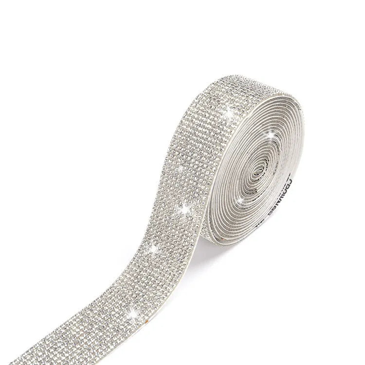 Self-adhesive glass water drill strip on fabric in white and AB colour, showing 0.9cm, 1.7cm, and 2.6cm width options.