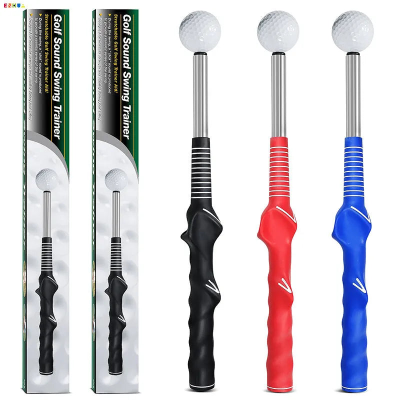Stainless steel telescopic golf swing trainer in black, blue, and red colour options.