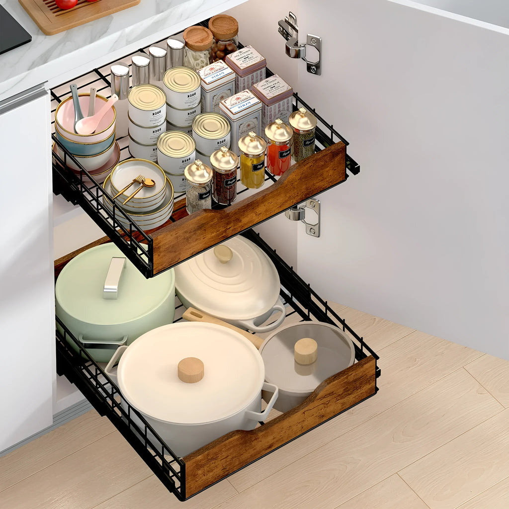 Black household storage rack with pull basket drawers, made from wood and iron.