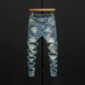 Men's slim-fit skinny jeans in blue cotton denim with stretch, shown in dark and light colour options.