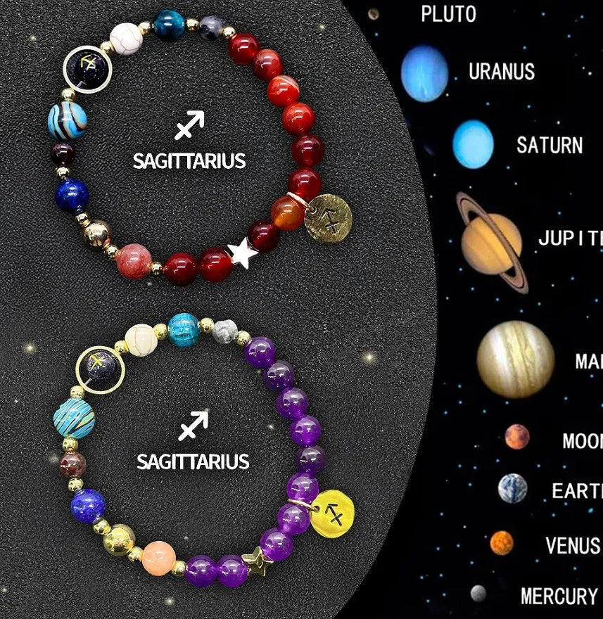 Two natural stone beaded bracelets for zodiac signs on a neutral background.