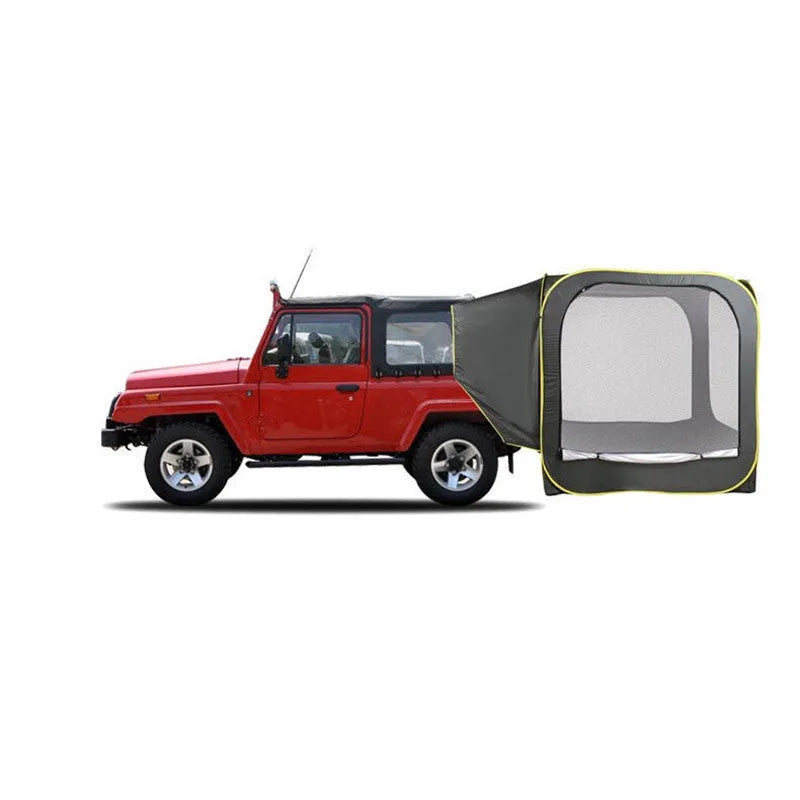 Black pop-up car tail tent with quick-throw setup and 200cm dimensions for 3-4 person camping