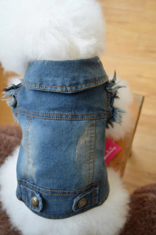 Denim pet dog vest with scratch pattern design in dark and light colours for small breed dogs