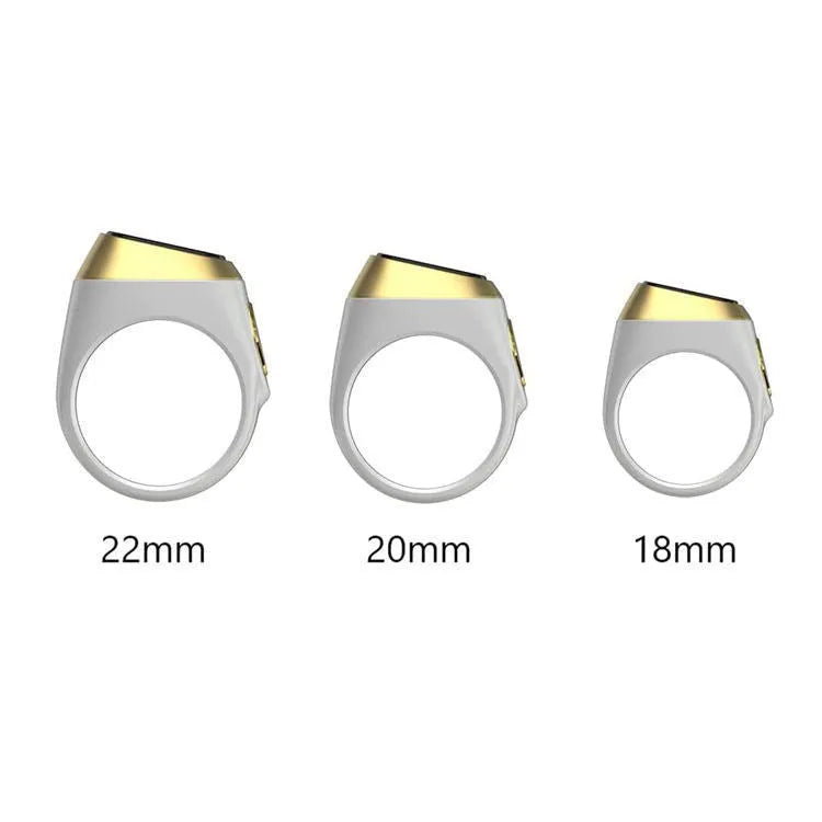 Zikr1 smart Islamic prayer counter ring with OLED display showing time and count, available in black, green, rose gold, and silver colours