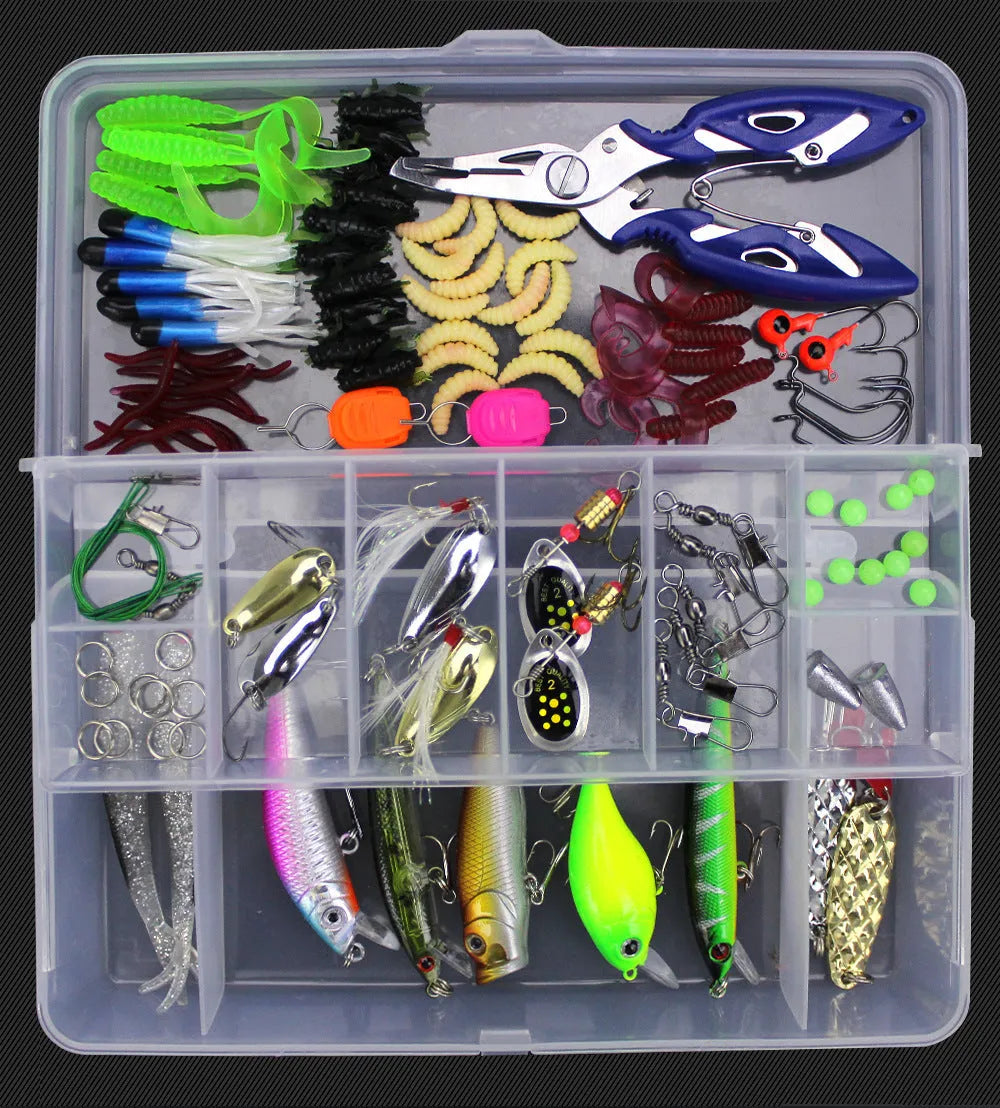 Junior fishing lure suit with PP storage box containing soft plastic baits in 28 to 106 piece size options
