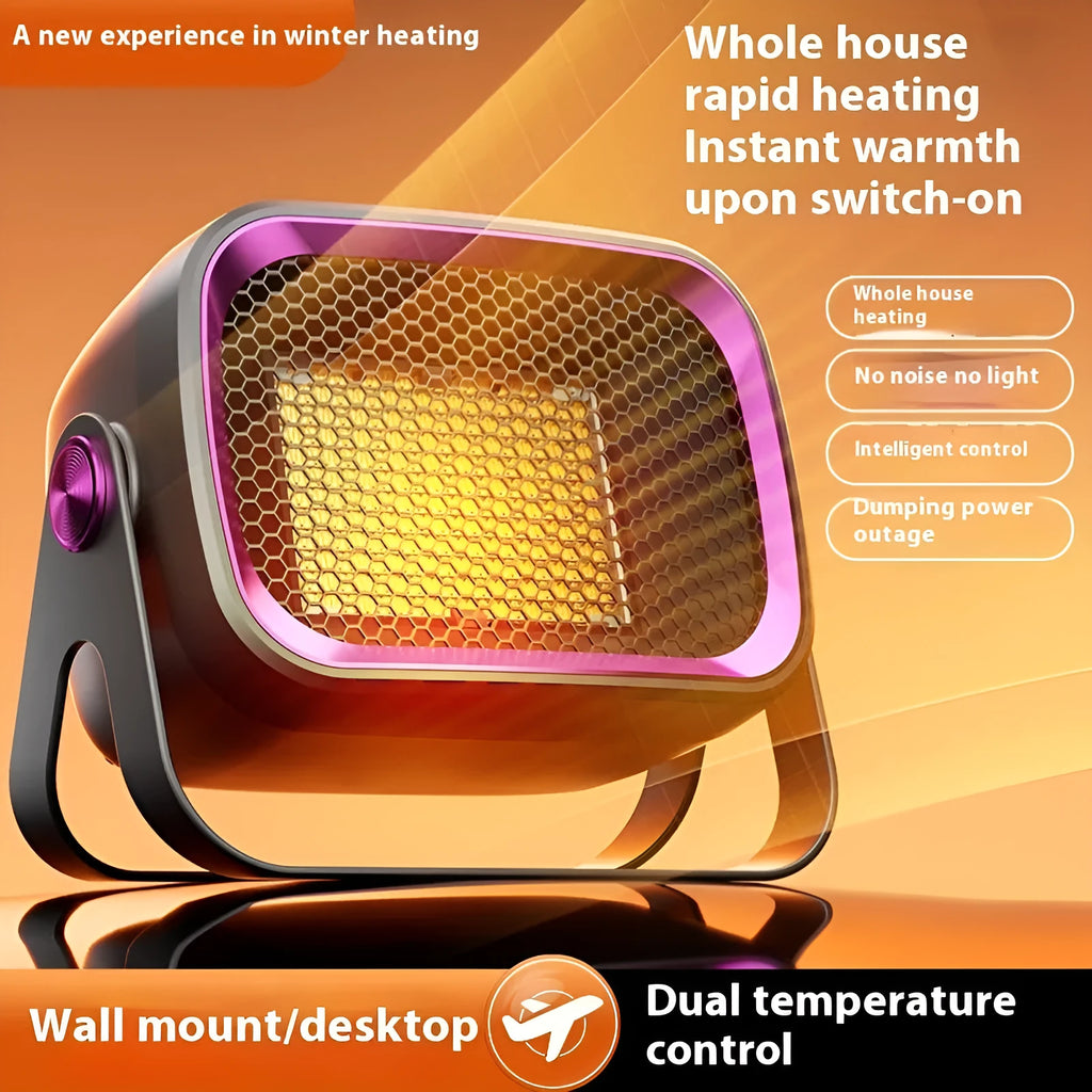Compact white desktop electric heater with rotatable grill on a wooden table.