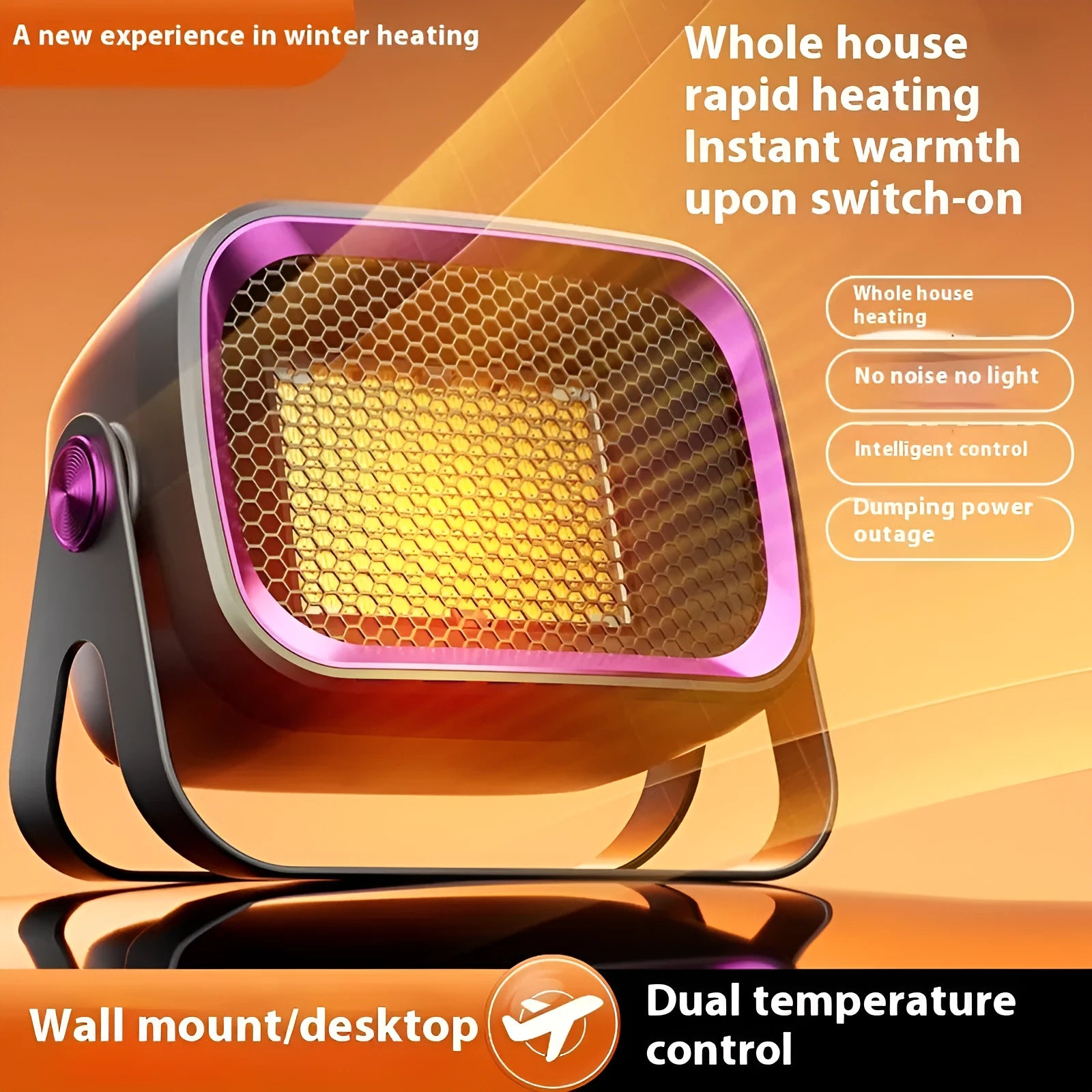 Compact white desktop electric heater with rotatable grill on a wooden table.