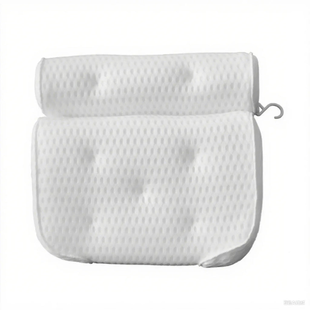 White bathtub pillow with 7 suction cups and breathable 4D mesh material