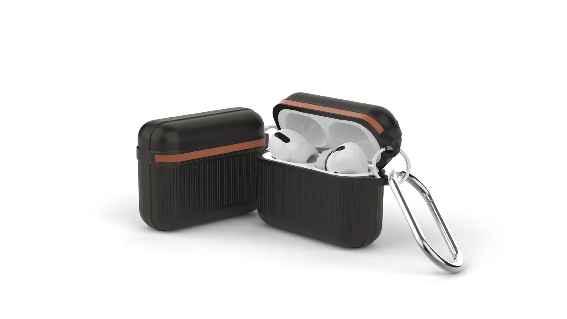 Silicone clamshell case for Apple AirPods with a metal buckle, shown in various colours.