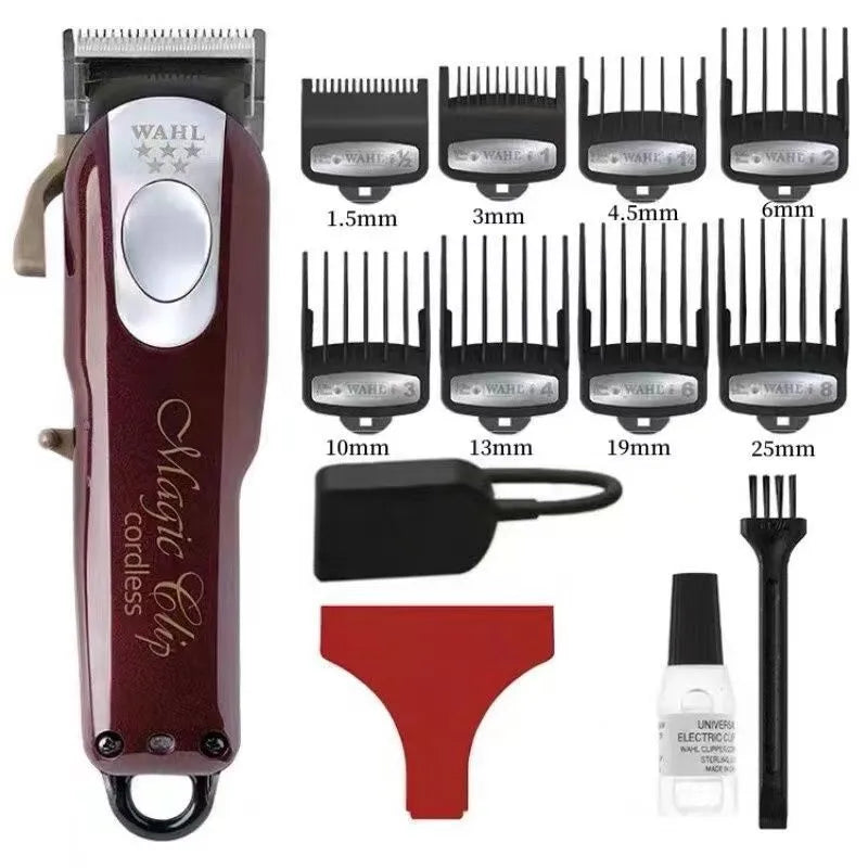 Hair cutting set with charging clippers and stainless steel cutter head including EU UK US plug adapters