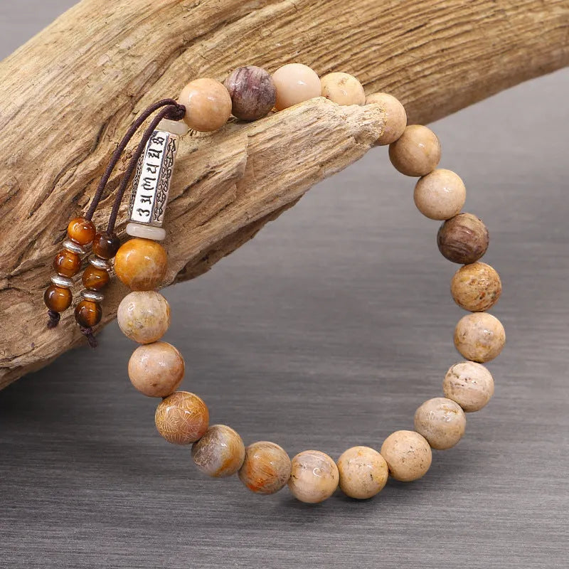 Handmade stone bead bracelet in wood colour with retro simple styling
