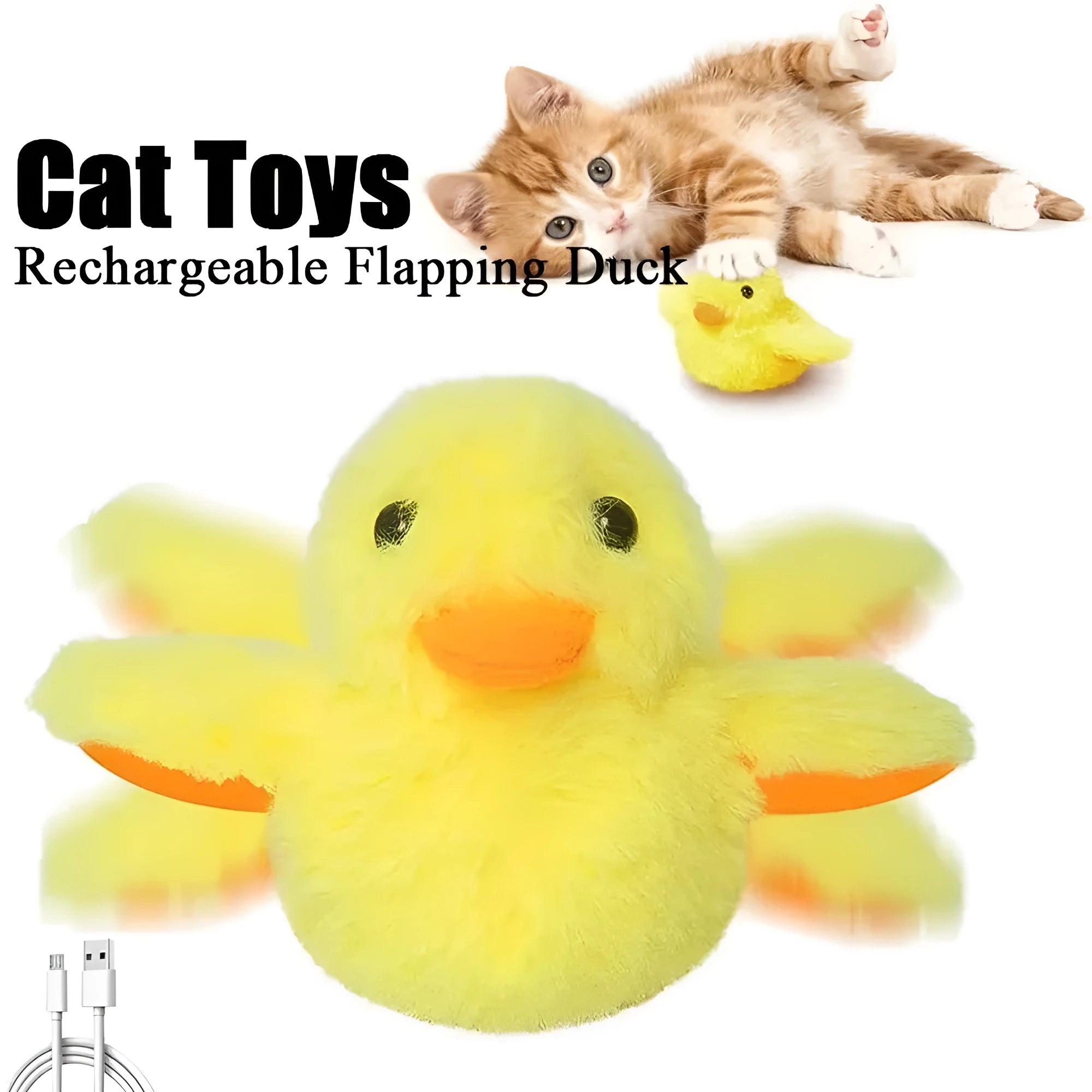 Yellow chick-shaped interactive cat toy with flapping wings and USB charging cable