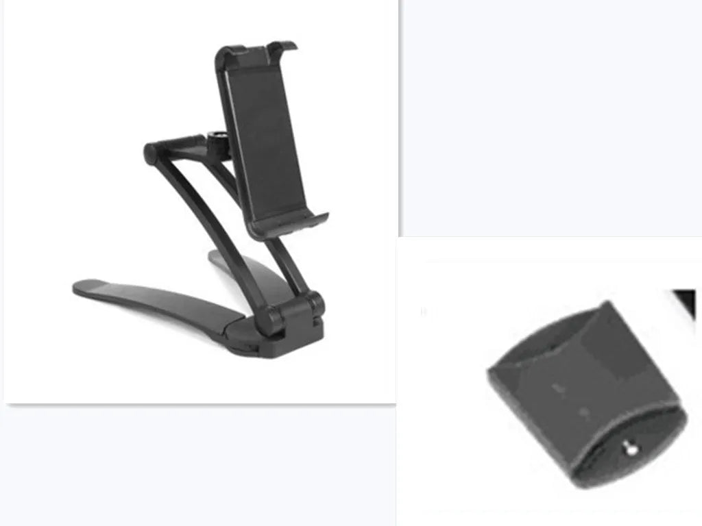 Silver aluminium alloy desktop tablet stand holding a tablet at an adjustable angle with a white mounting base.