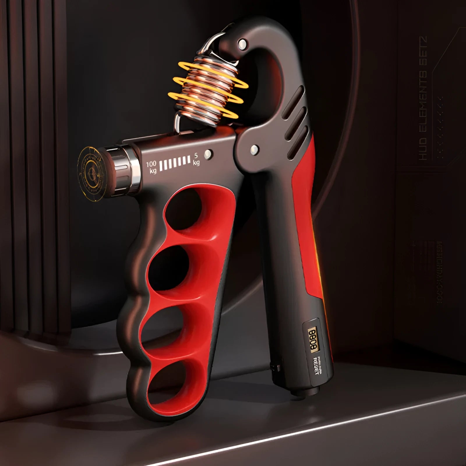 Orange electronic counter spring grip for hand strength training on a grey background.