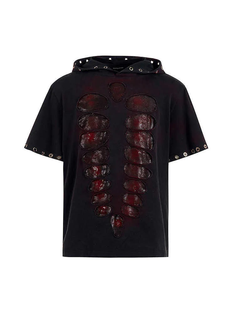 Black men's short sleeve t-shirt with hood and sequin detailing in loose fit style