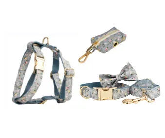 Blue floral polyester cotton dog collar set with leash, vest, bow, and poop bag in sizes XS to XL