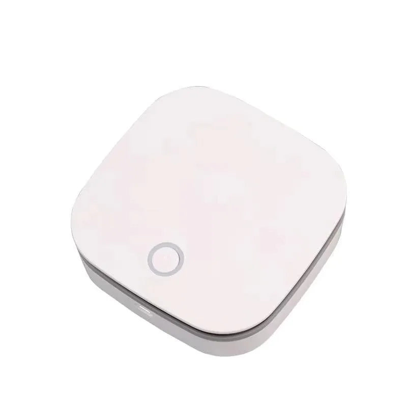 White USB air purifier for car use with negative ion technology and composite filter.