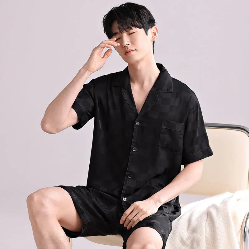 Men's ice silk pyjama set in artificial silk with shorts length and cardigan style in satin jacquard pattern
