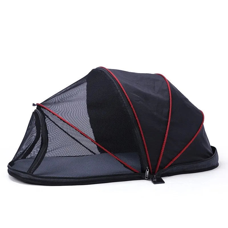 Portable cat folding tent in L code size with half mesh panels shown folded and set up