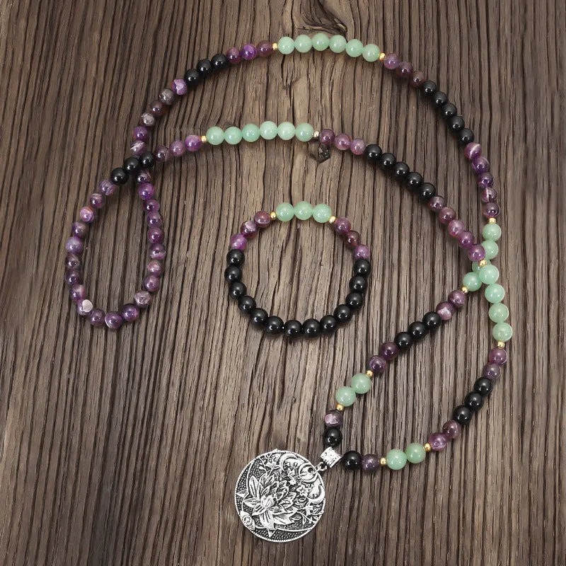 Dongling Long handmade stone bead yoga necklace with geometric lotus pendant and matching bracelet