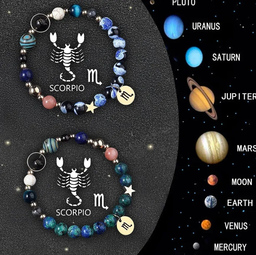 Set of two natural stone beaded zodiac bracelets on a stretch elastic cord.